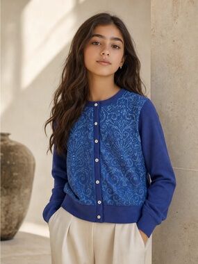 Versace Navy Blue Embellished Cardigan with Gold Button
